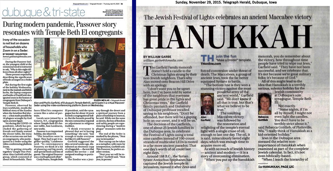 Pandemic Seder 2020 and Hanukkah article in the TH, 2015